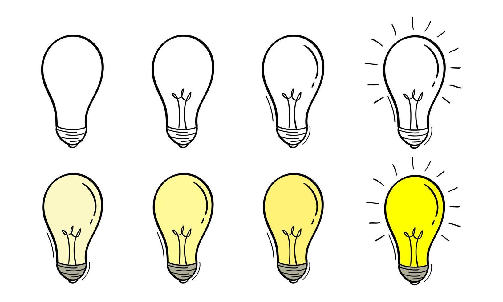 ensemble de symboles d'ampoule dessinés à la main dans un style doodle vecteur