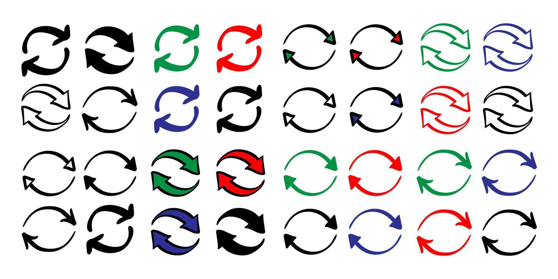 ensemble d'icône de flèche d'échange circulaire double inversée dessinée à la main dans le style doodle vecteur