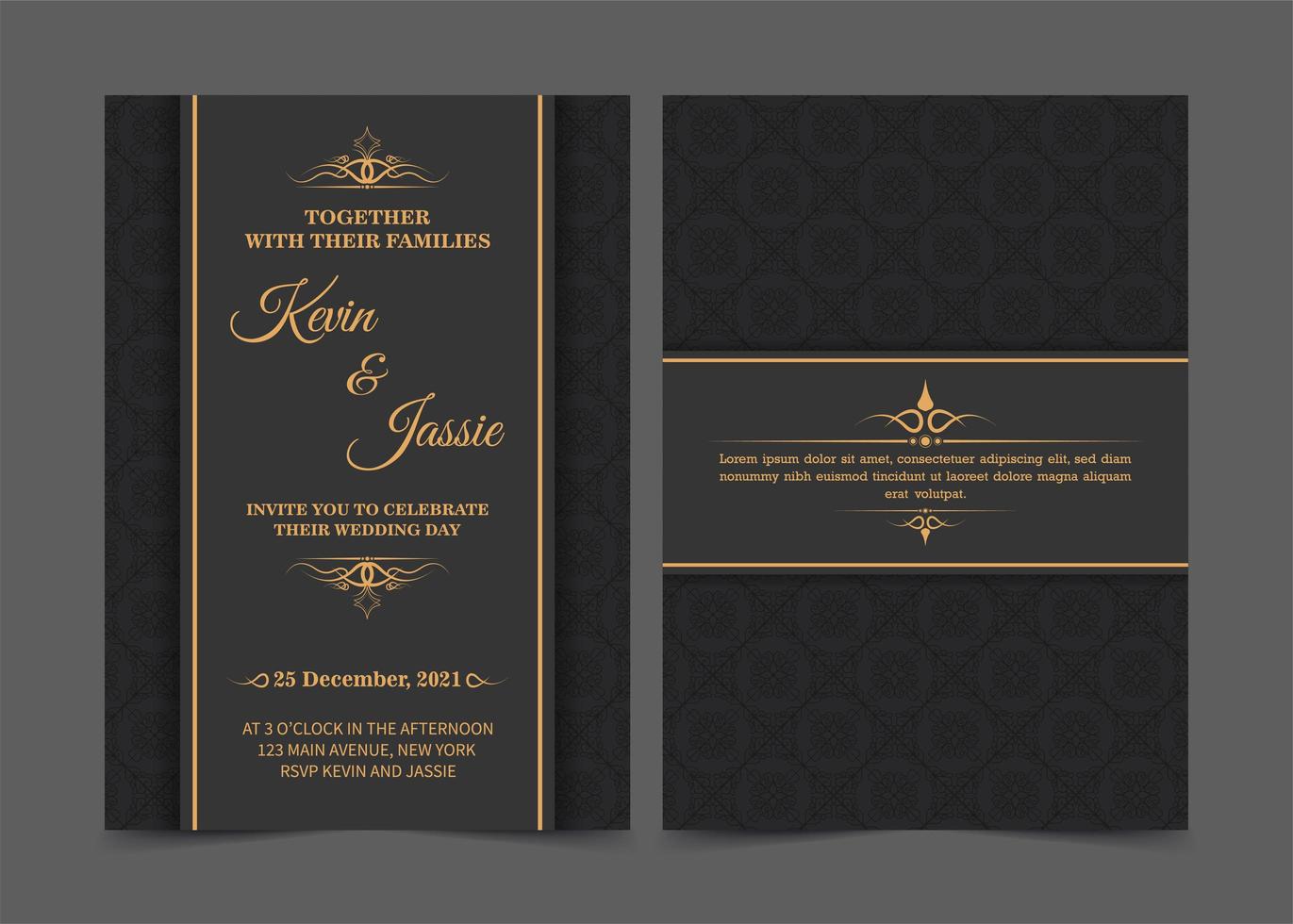 modèle d'invitation de mariage noir et or vecteur