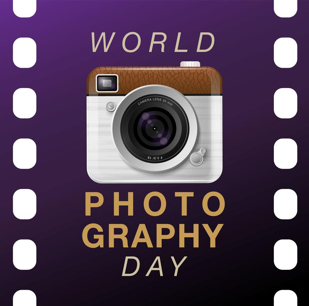 affiche de la journée mondiale de la photographie avec caméra sur pellicule vecteur