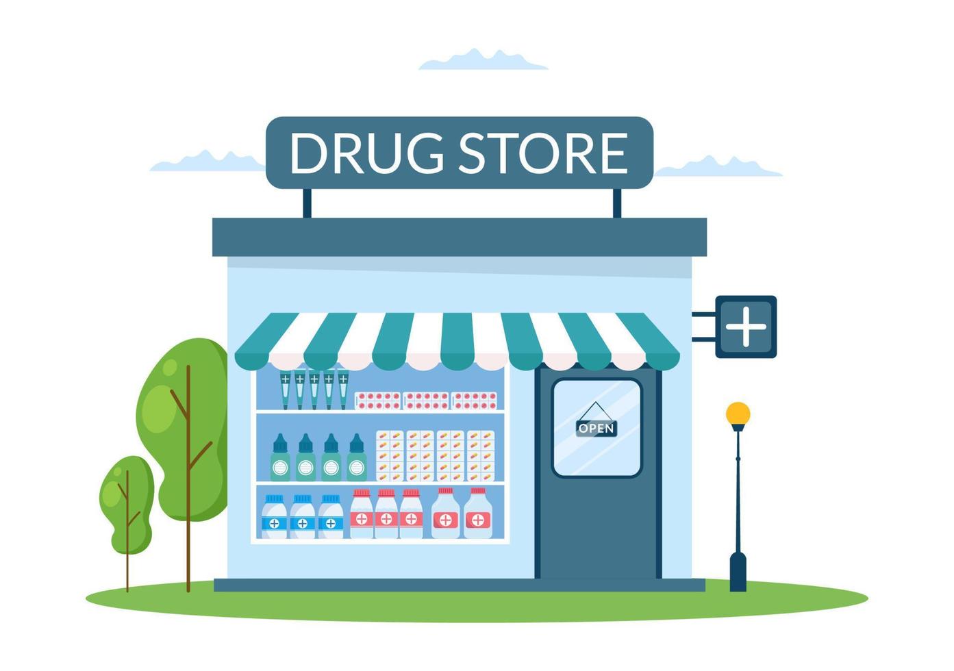 pharmacie modèle dessiné à la main dessin animé plat illustration boutique pour la vente de médicaments, un pharmacien, des médicaments, des capsules et une bouteille vecteur