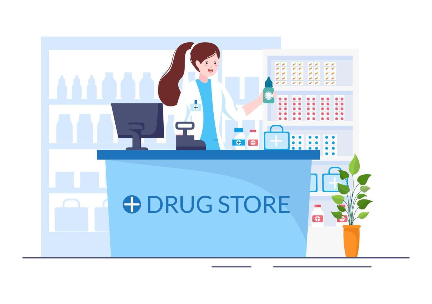 modèle de pharmacie magasin d'illustration plat dessin animé dessiné à la main pour la vente de médicaments, un pharmacien, des médicaments, des capsules et une bouteille vecteur