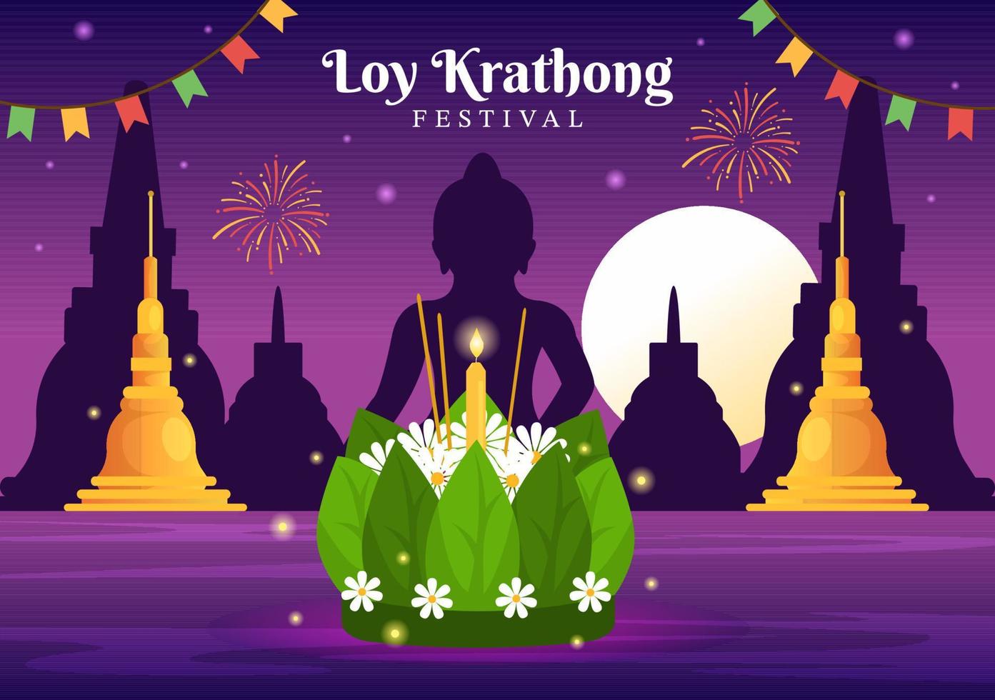 célébration du festival loy krathong en thaïlande modèle illustration plate de dessin animé dessiné à la main avec des lanternes et des krathongs flottant sur la conception de l'eau vecteur