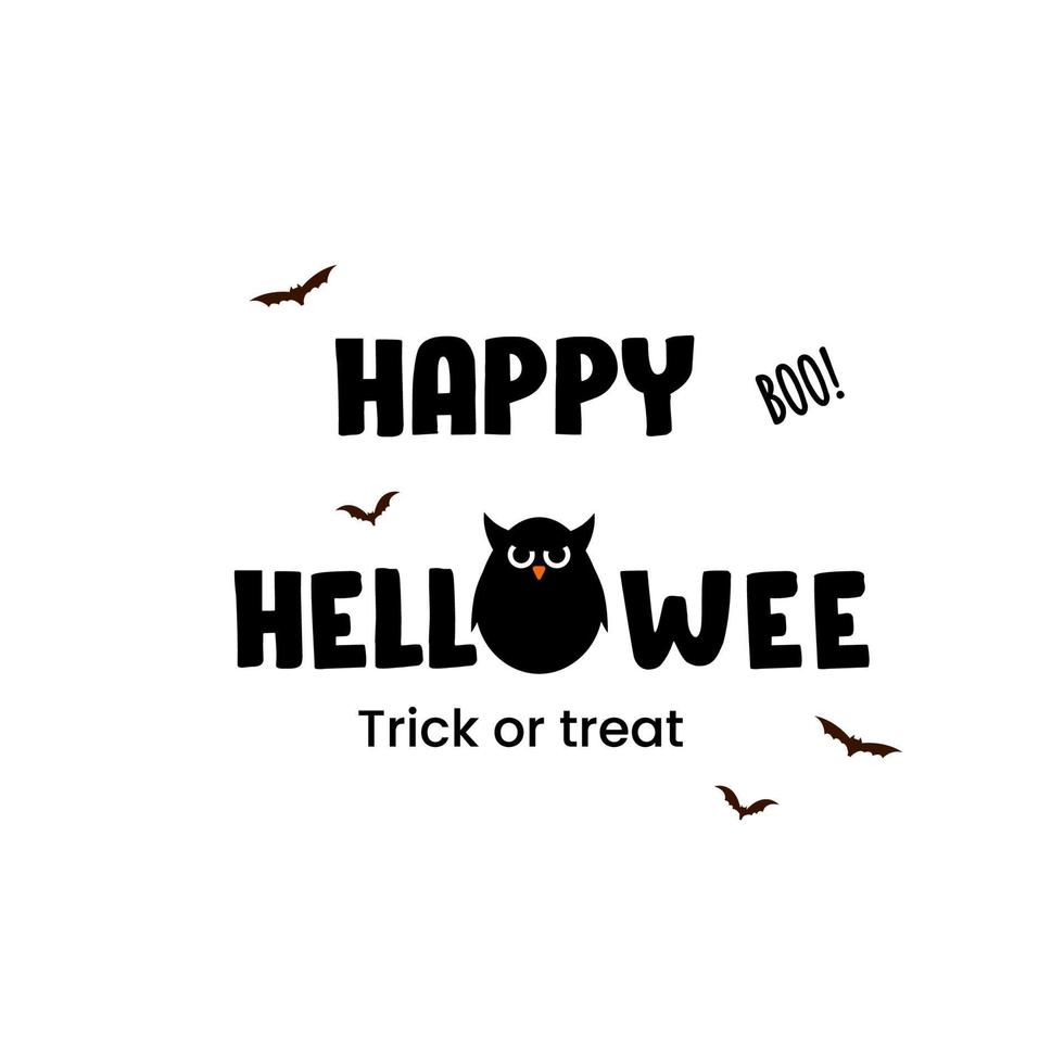 illustration vectorielle du texte happy helloween day avec hibou et chauve-souris. vecteur