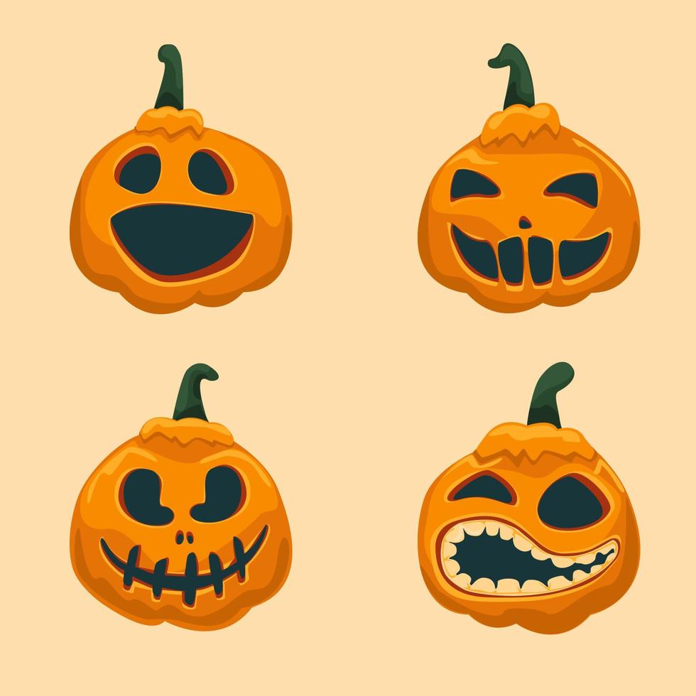 ensemble de citrouille d'halloween. joyeuses citrouilles de collection d'halloween. citrouilles isolées. collection de citrouilles orange avec un sourire effrayant et effrayant. Halloween. illustration vectorielle vecteur