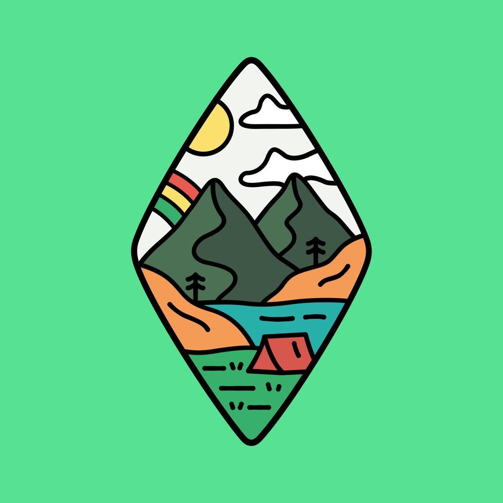 conception de camping de montagne nature avec ciel arc-en-ciel pour badge, autocollant, patch, conception de t-shirt, etc. vecteur