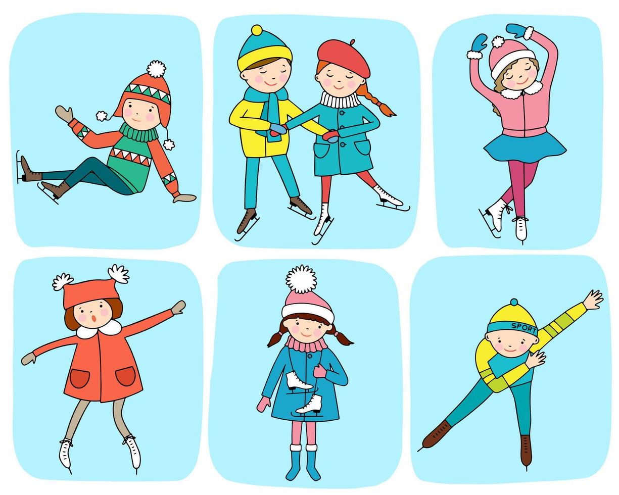 ensemble de photos avec des enfants sur des patins. le concept de divertissement d'hiver vecteur