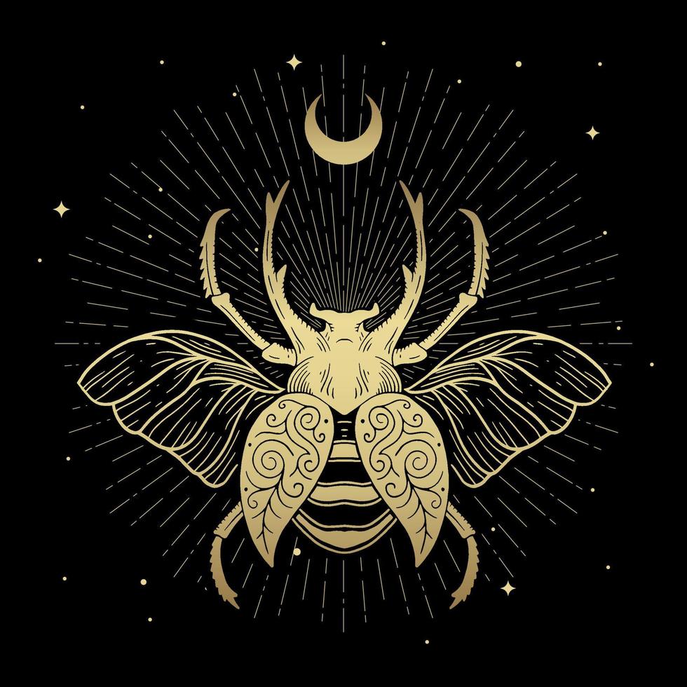 symbole d'insecte scarabée d'or déployant des ailes décorées d'un croissant de lune vecteur