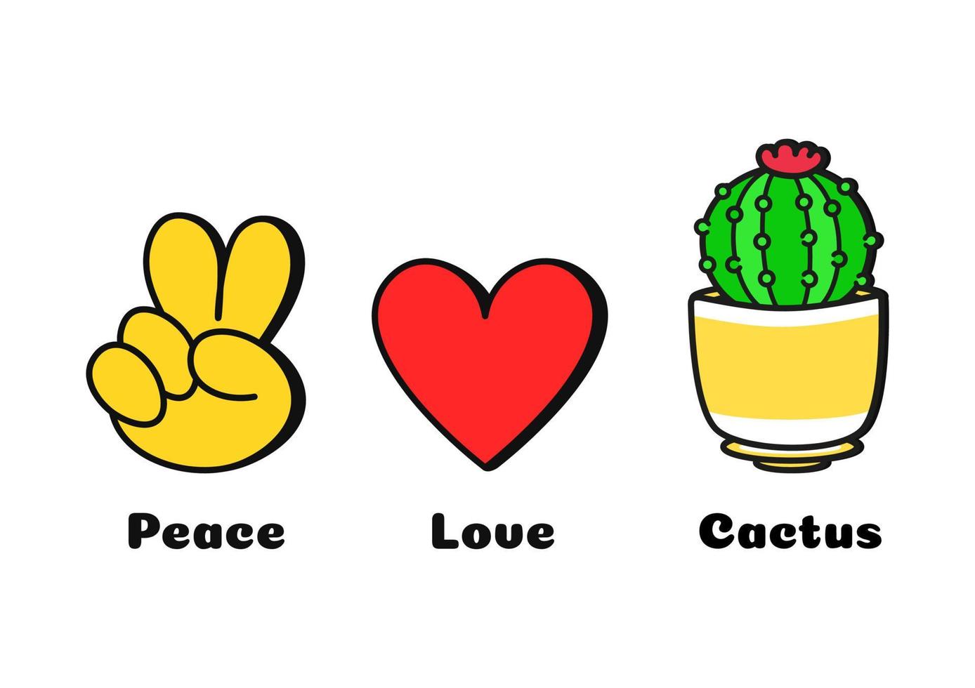 paix, amour, impression de concept de cactus pour t-shirt. création de logo d'illustration graphique de ligne de doodle de dessin animé vectoriel. signe de paix, coeur, impression de cactus pour affiche, t-shirt, concept de logo vecteur