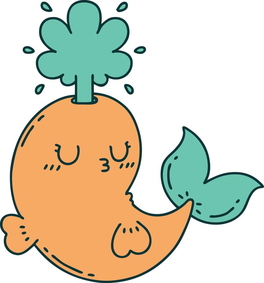 illustration d'un personnage de baleine éjacule heureux de style tatouage traditionnel vecteur