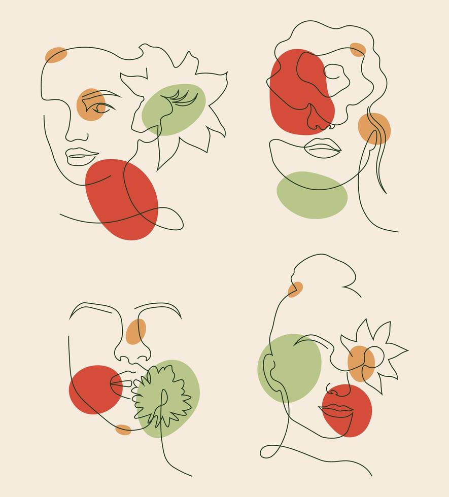 visages de femmes ligne minimaliste dessinés à la main avec des fleurs ensemble illustration vectorielle dans un style contemporain vecteur