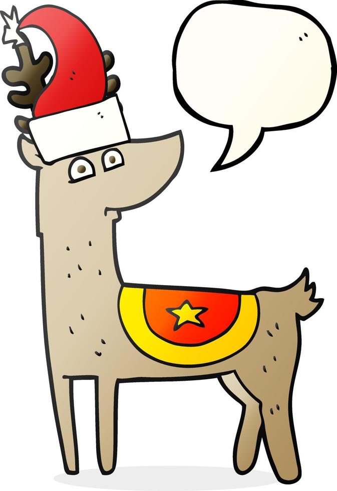 Bulle de dialogue dessinée à main levée renne de dessin animé portant un chapeau de noël vecteur
