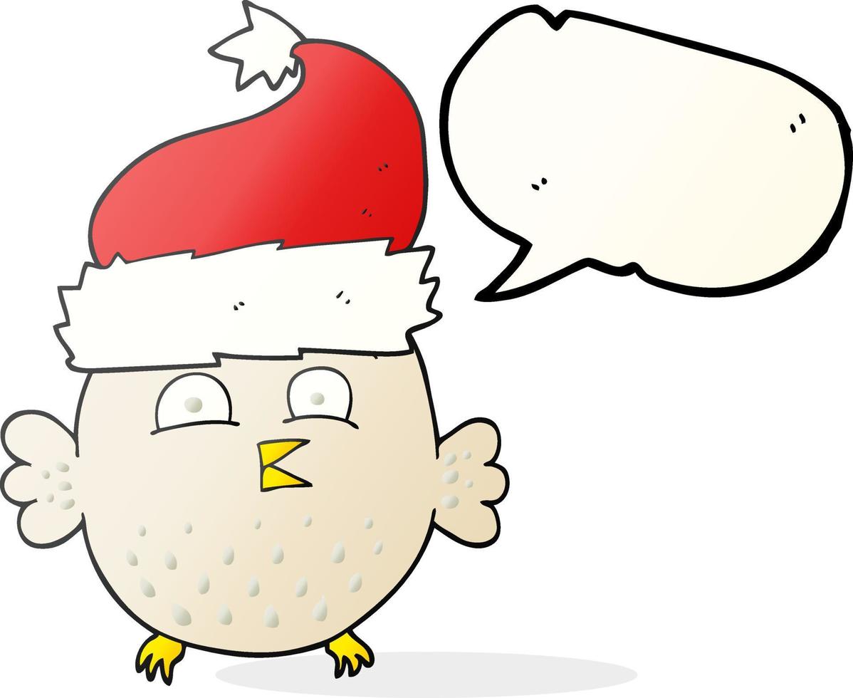 hibou de dessin animé de bulle de discours dessiné à main levée portant un chapeau de noël vecteur