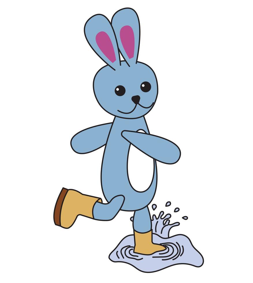 lapin éclabousse dans les flaques d'eau. illustration pour enfants en style cartoon. illustration vectorielle isolée sur fond blanc. vecteur