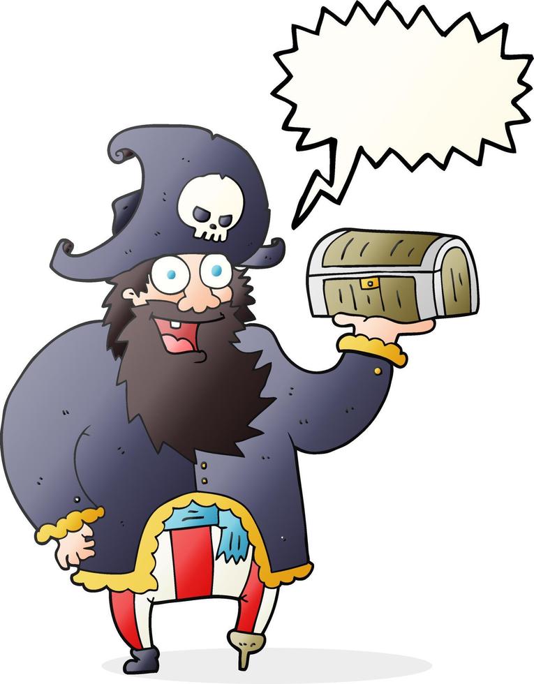 Bulle de dialogue dessinée à main levée capitaine pirate de dessin animé avec coffre au trésor vecteur