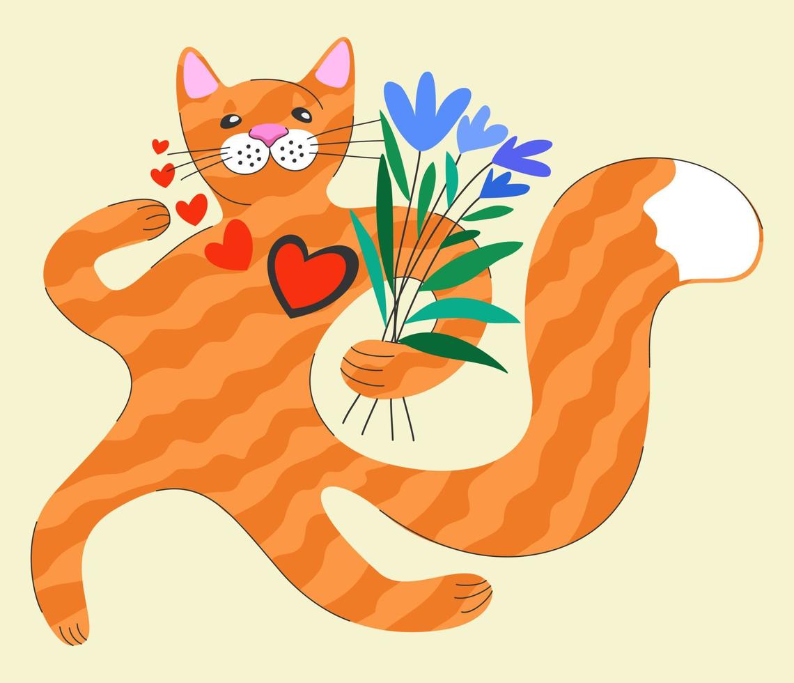 chat avec bouquet floral et coeurs. joyeuse Saint Valentin. vecteur