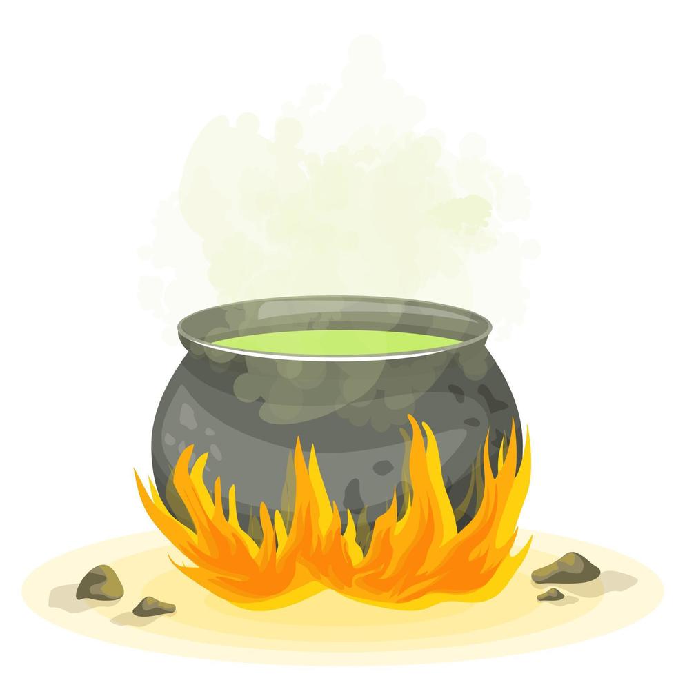 image vectorielle d'un pot de sorcière avec une potion brassant sur un feu.halloween. style bande dessinée. isolé sur fond blanc. eps 10 vecteur