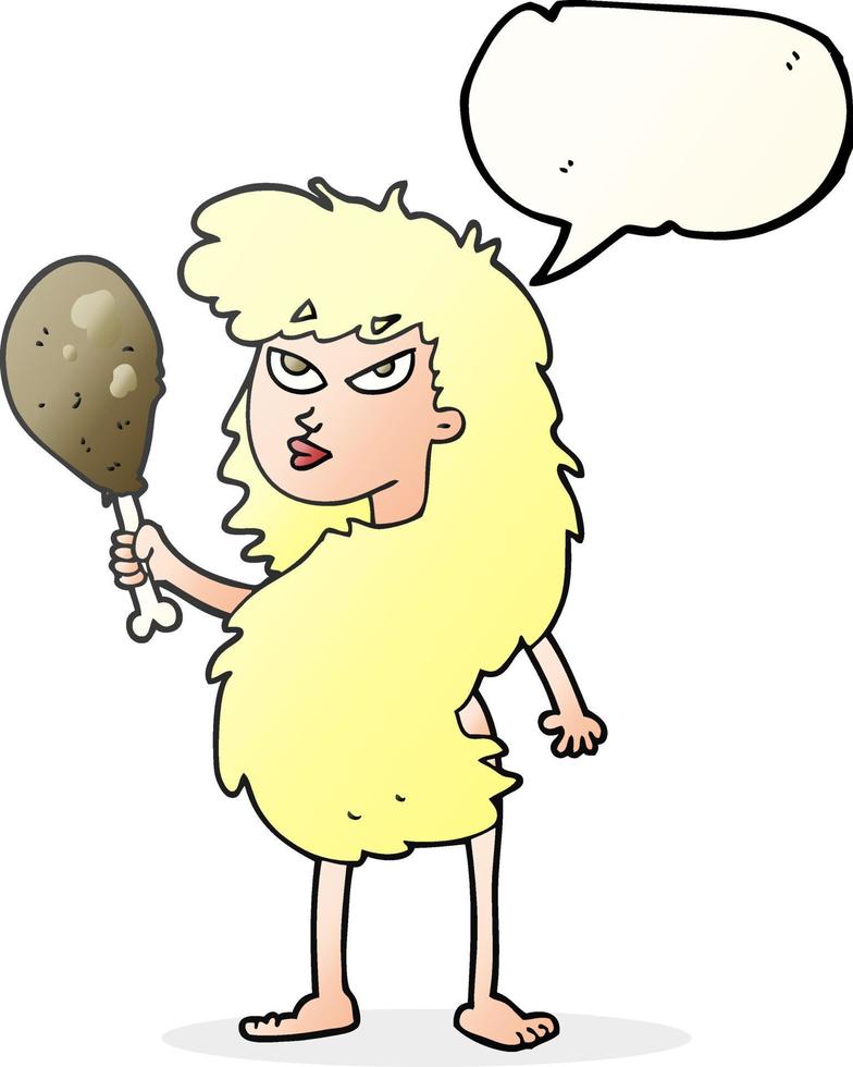 Freehand dessinée bulle cartoon femme des cavernes avec de la viande vecteur