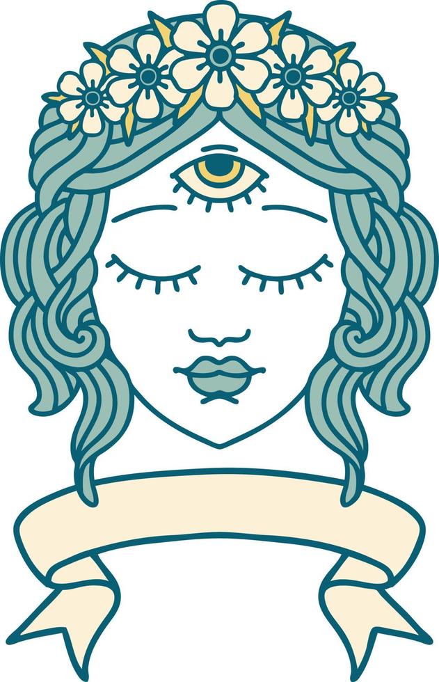 tatouage traditionnel avec bannière de visage féminin avec troisième oeil et couronne de fleurs vecteur
