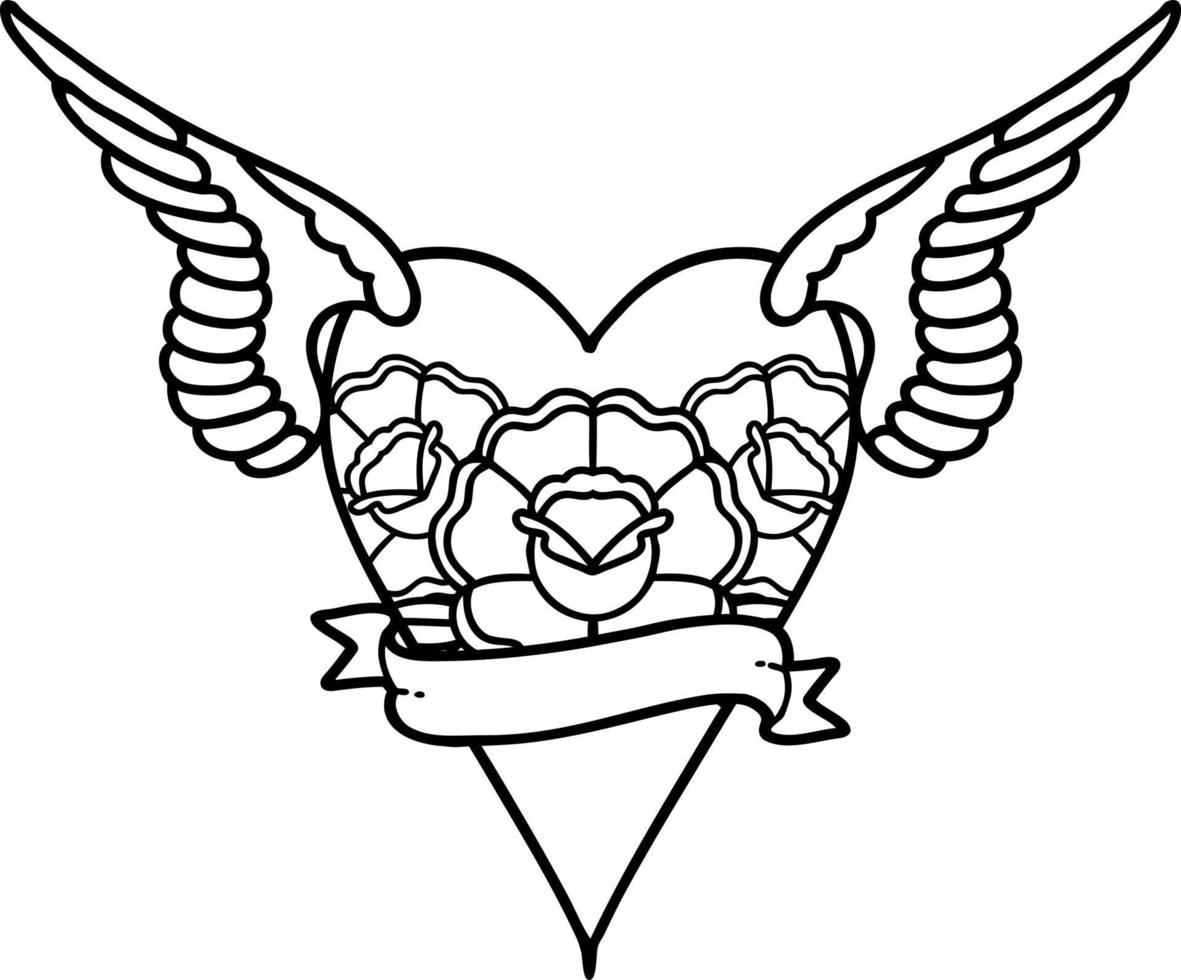 tatouage dans le style de ligne noire d'un coeur volant avec des fleurs et une bannière vecteur