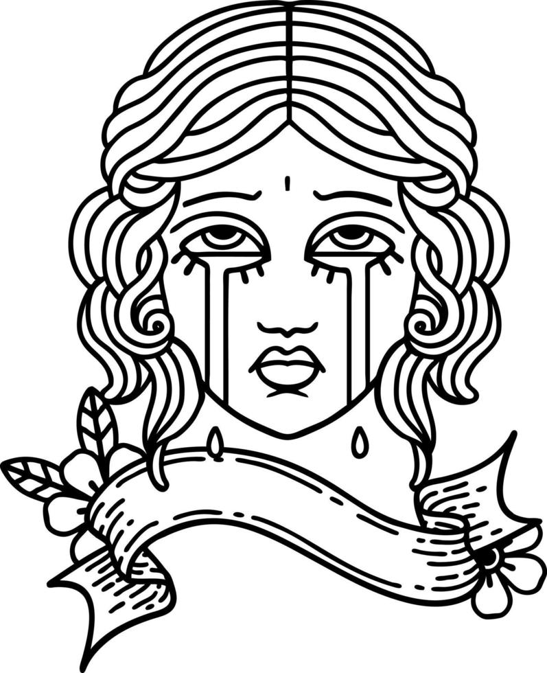 tatouage de dessin au trait noir traditionnel avec bannière de visage féminin pleurant vecteur