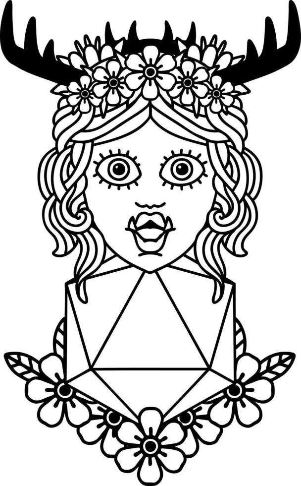 druide demi-orc de style dessin au trait de tatouage noir et blanc avec un rouleau de vingt dés naturel vecteur