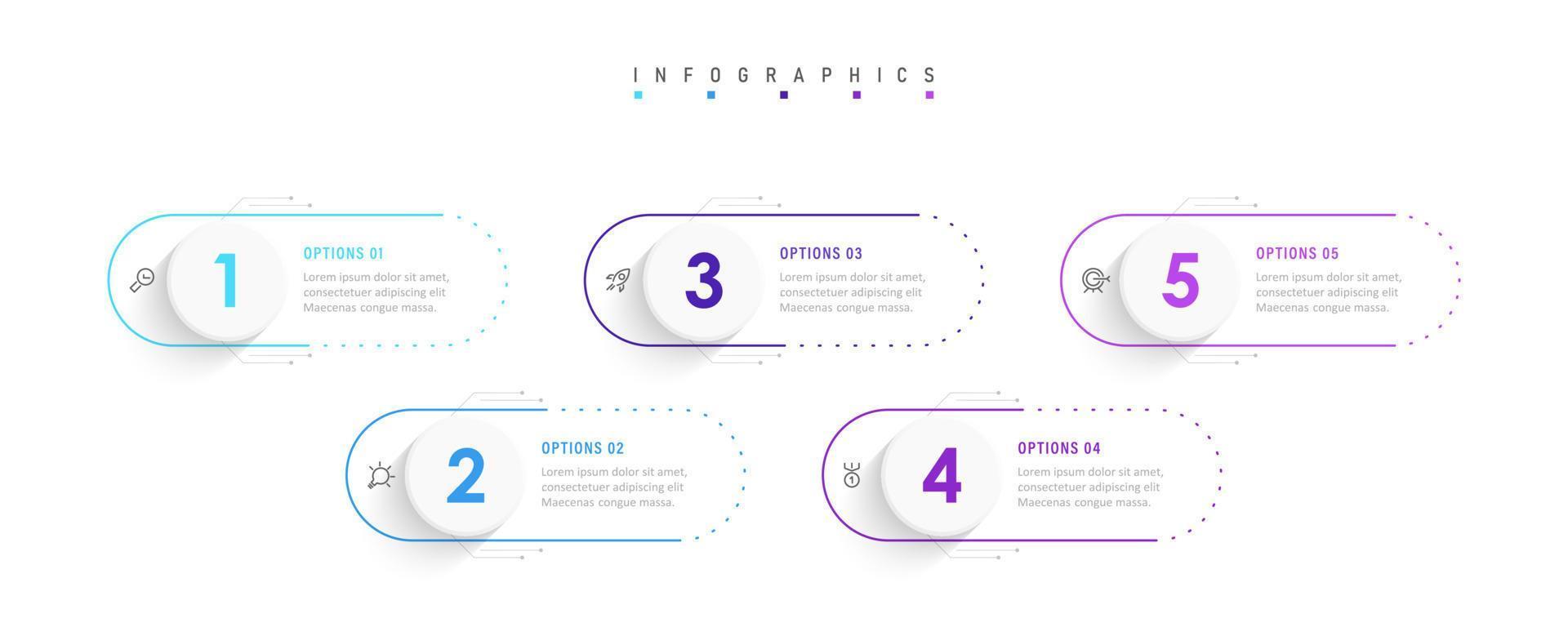 modèle de conception d'étiquettes infographiques vectorielles avec icônes et 5 options ou étapes. peut être utilisé pour le diagramme de processus, les présentations, la mise en page du flux de travail, la bannière, l'organigramme, le graphique d'informations. vecteur