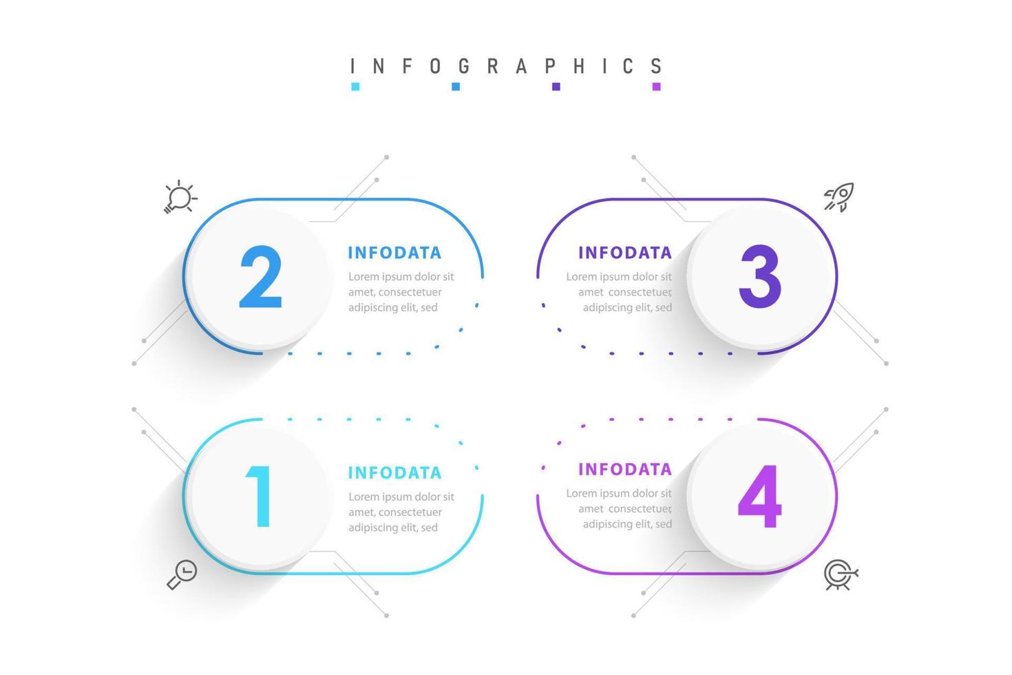 modèle de conception d'étiquettes infographiques vectorielles avec icônes et 4 options ou étapes. peut être utilisé pour le diagramme de processus, les présentations, la mise en page du flux de travail, la bannière, l'organigramme, le graphique d'informations. vecteur