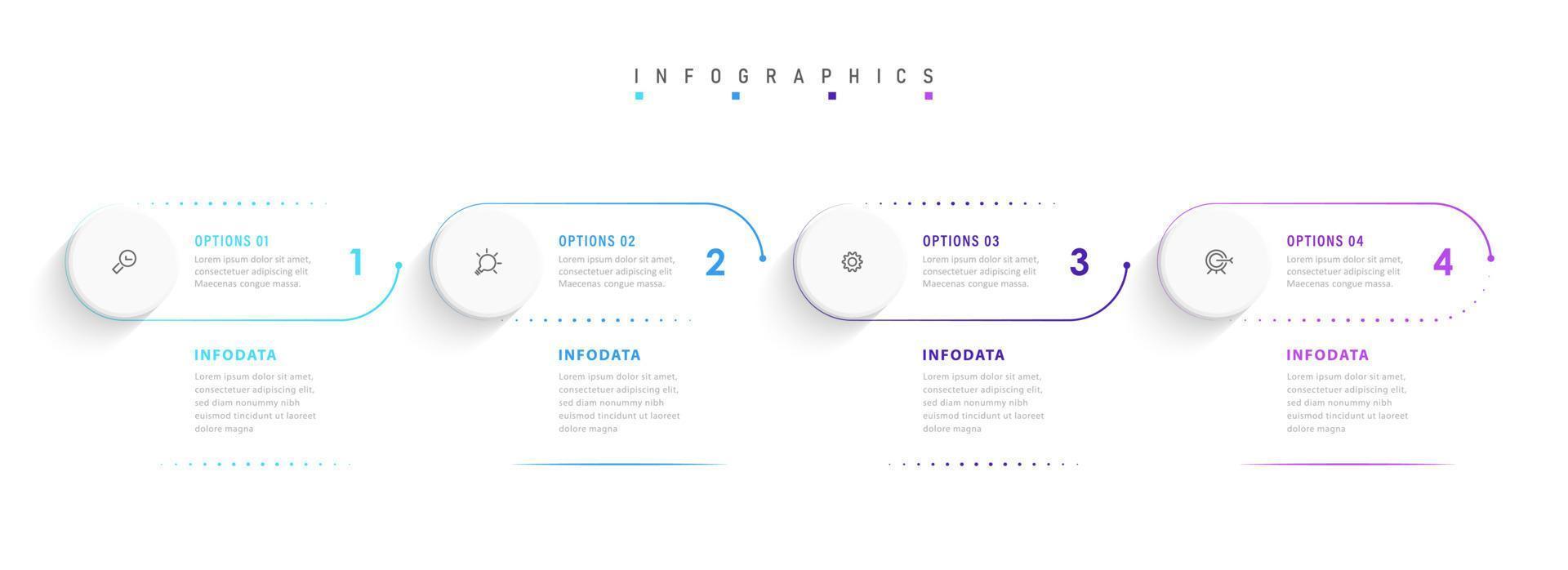 modèle de conception d'étiquettes infographiques vectorielles avec icônes et 4 options ou étapes. peut être utilisé pour le diagramme de processus, les présentations, la mise en page du flux de travail, la bannière, l'organigramme, le graphique d'informations. vecteur