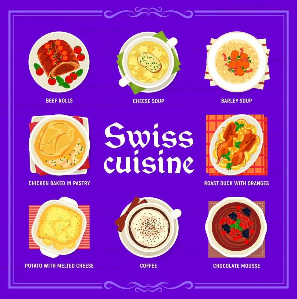 modèle de page de menu de repas de restaurant de cuisine suisse vecteur