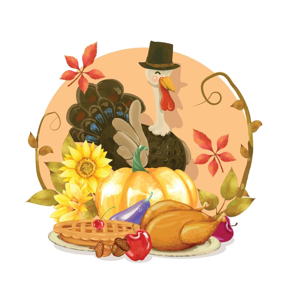 célébration du festival de thanksgiving avec la dinde portant un chapeau vecteur