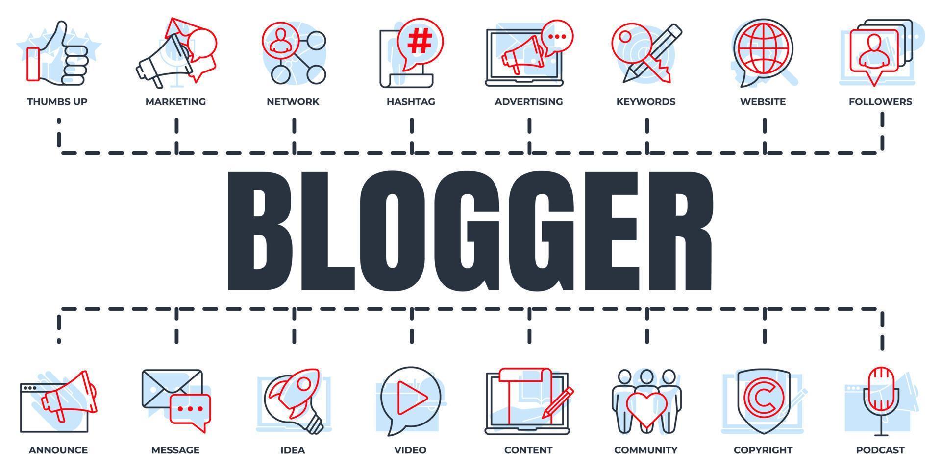 blogueur, ensemble d'icônes Web de bannière de blogging. podcast, communauté, message, pouce vers le haut, site Web, marketing, réseau et plus de concept d'illustration vectorielle. vecteur