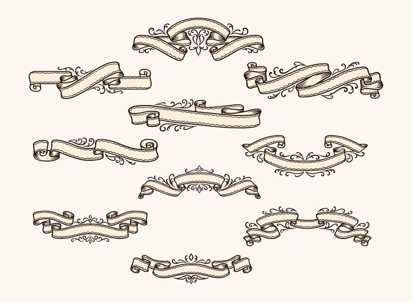 rubans vintage avec fioritures antiques. ensemble de vecteurs. collection de bannières de contour élégantes isolées sur fond propre. diverses formes vecteur