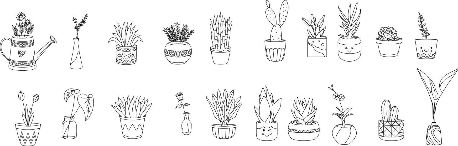 plantes d'intérieur. ensemble de vecteurs de dessin de contour de plante, plantes succulentes en pots. fleurs exotiques d'intérieur avec tiges et feuilles. monstera, ficus, pothos, yucca, dracaena, cactus, plante de serpent pour la maison et l'intérieur vecteur