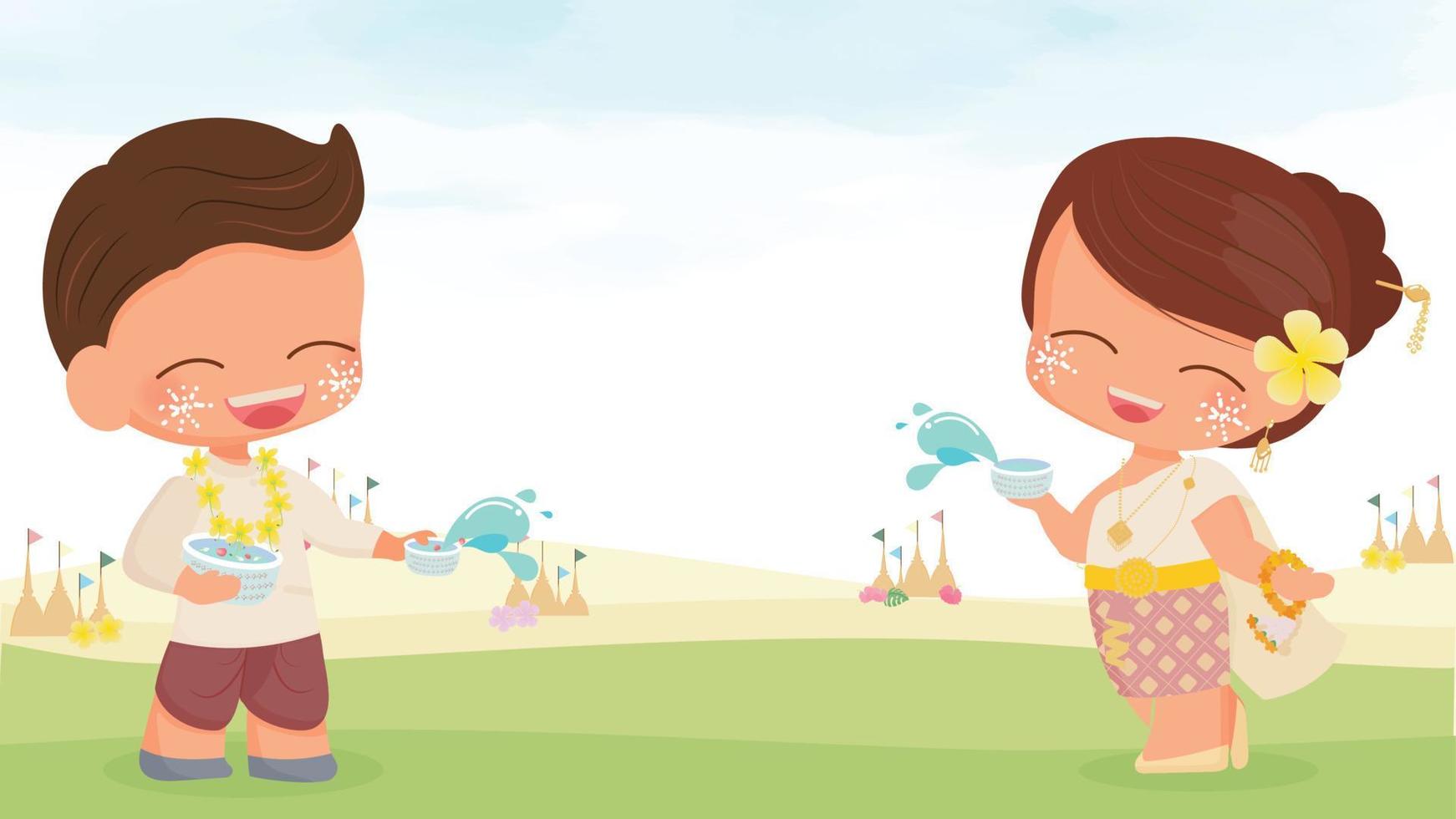 heureux jeune couple thaïlandais profiter du festival de l'eau de songkran avec copie espace illustration vectorielle eps10 vecteur