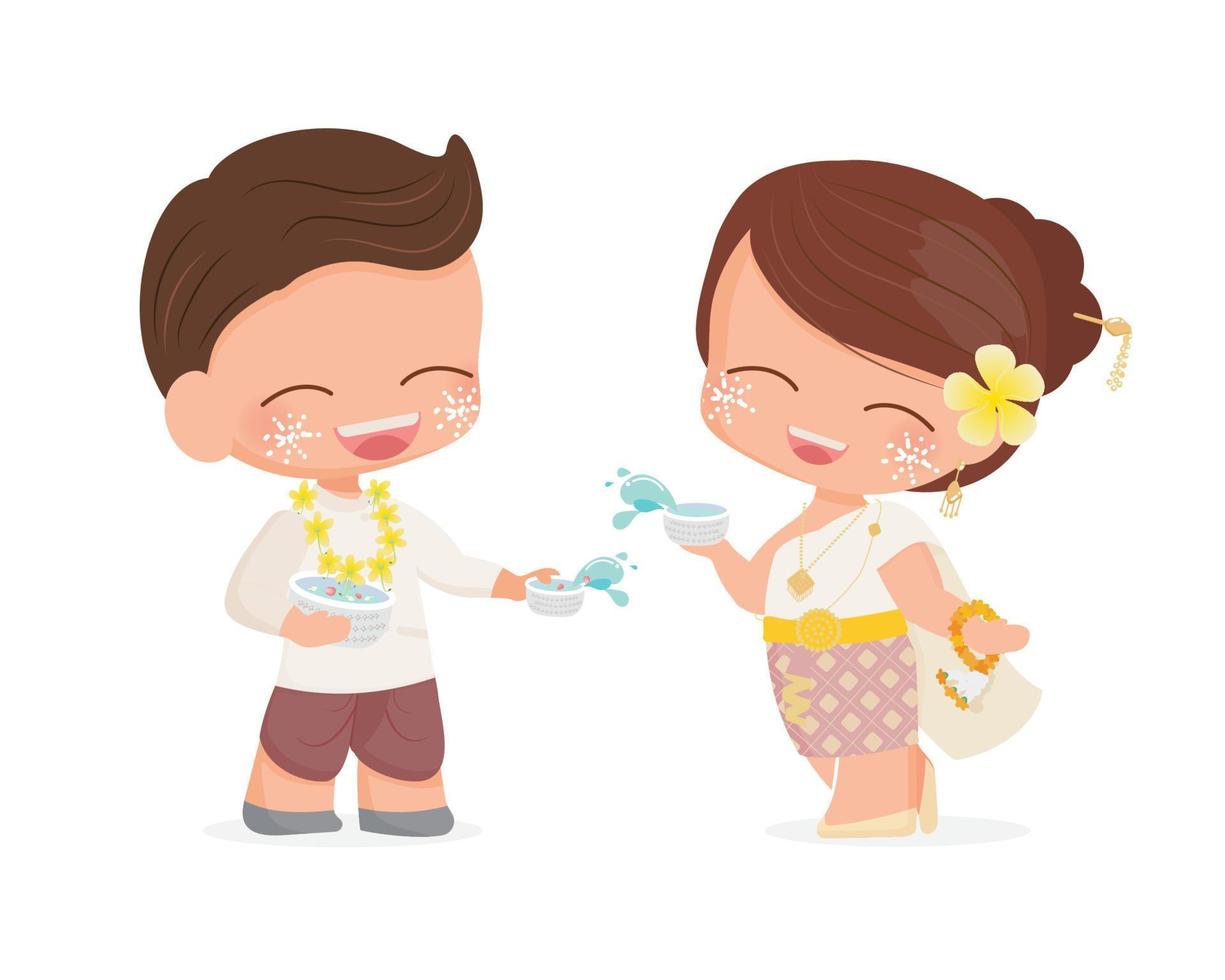 heureux jeune couple profiter du festival du nouvel an de l'eau de songkran thai en costume traditionnel illustration vectorielle eps10 vecteur