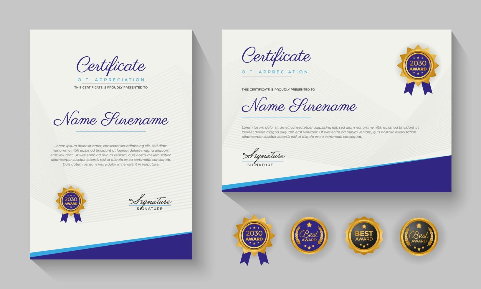 conception de modèle de certificat bleu moderne de réussite ou de certification d'appréciation vecteur