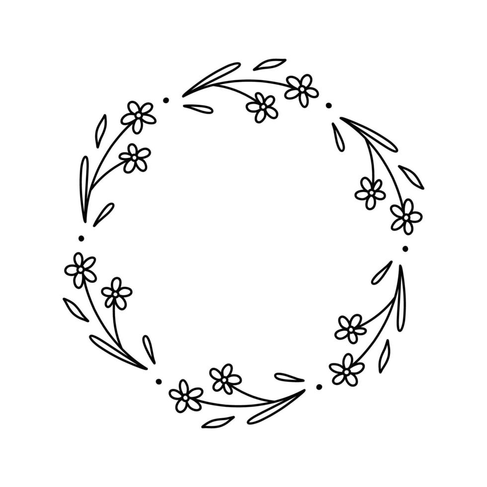 couronne florale isolée sur fond blanc. cadre rond avec des fleurs. illustration vectorielle dessinée à la main dans un style doodle. parfait pour les cartes, invitations, décorations, logo, divers designs. vecteur