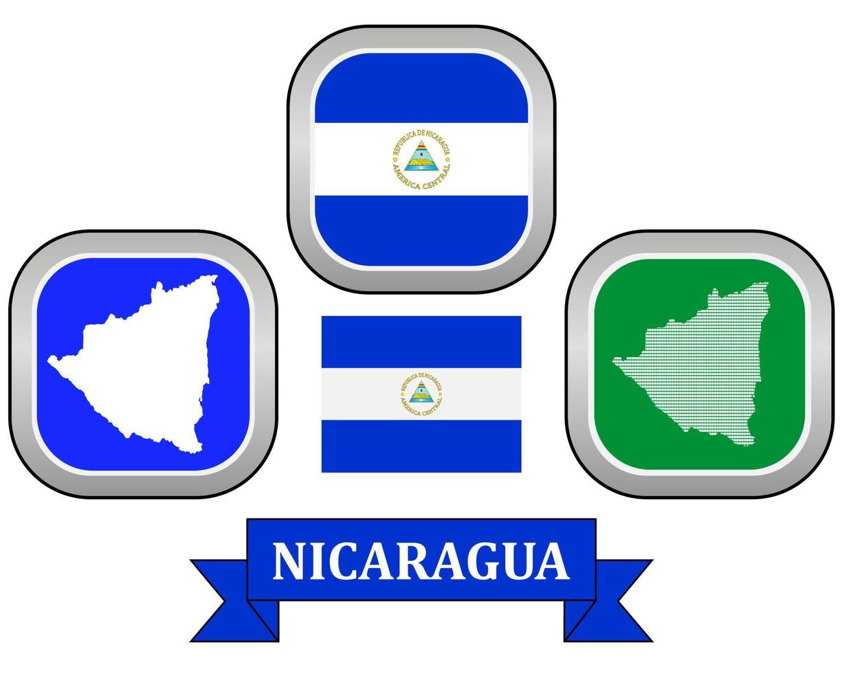drapeau bouton carte et symbole du nicaragua sur fond blanc vecteur