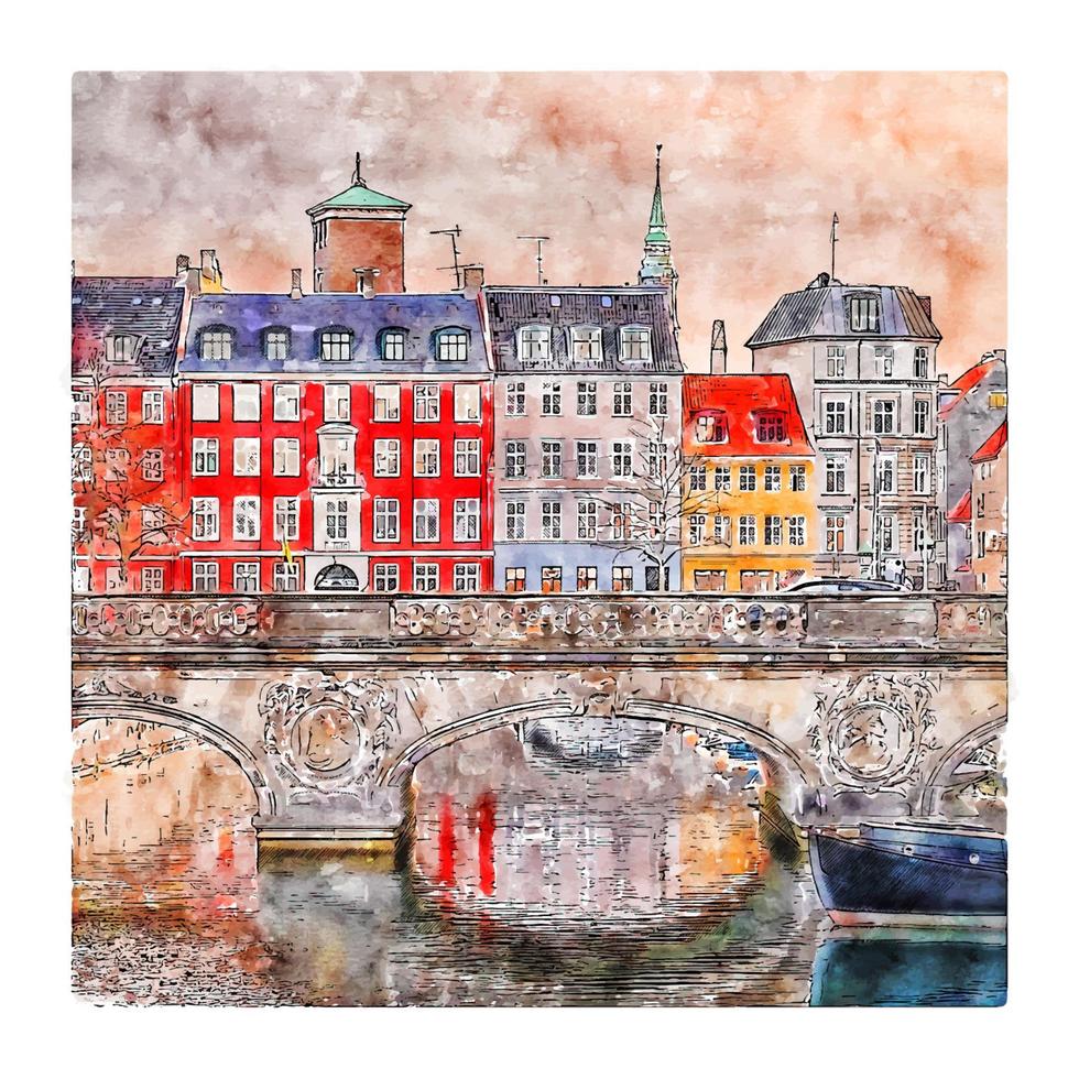 copenhague danemark croquis aquarelle illustration dessinée à la main vecteur