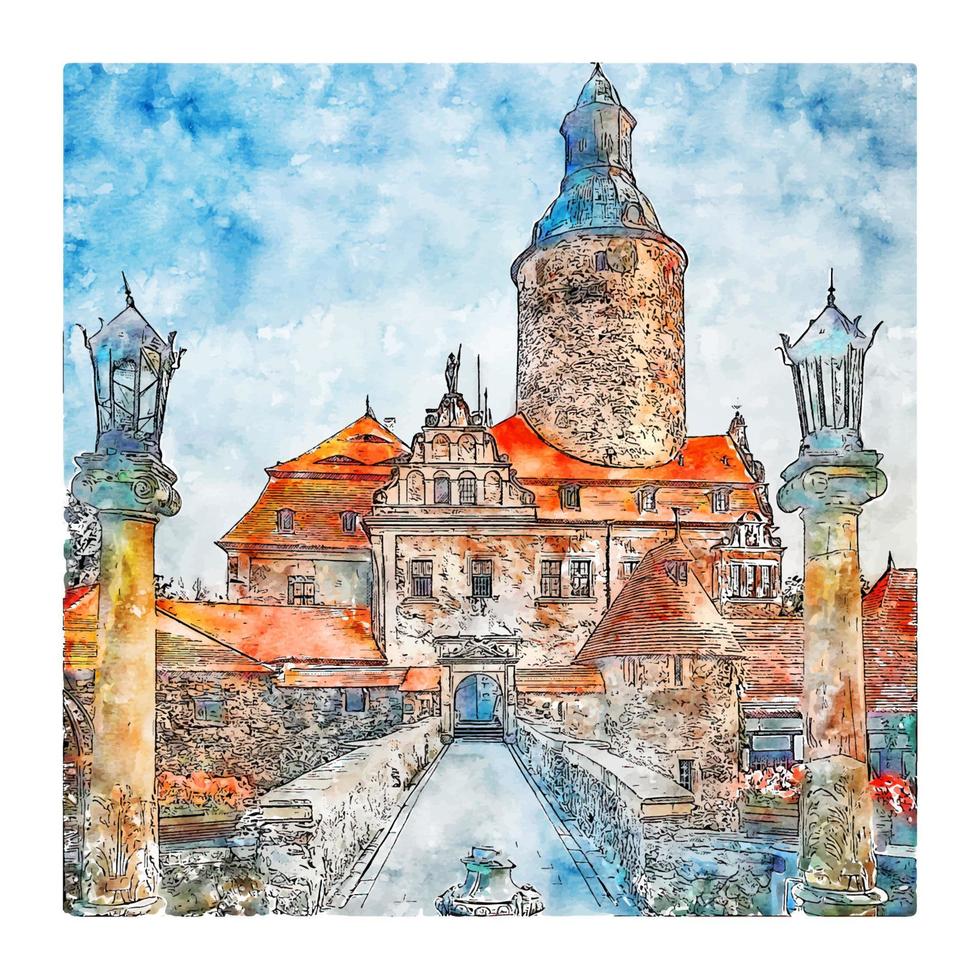 czocha château pologne croquis aquarelle illustration dessinée à la main vecteur