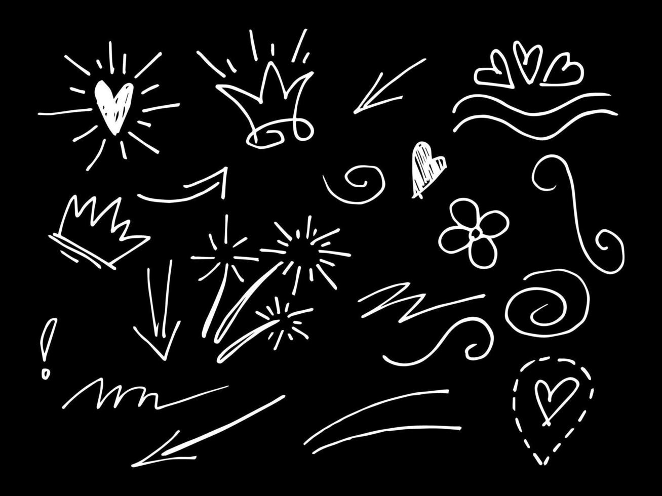 collection de doodle de vecteur d'élément de conception. swishes bouclés, swoops, tourbillon, flèche, coeur, amour, couronne, fleur, étoile, feu d'artifice, texte en surbrillance et élément d'accentuation. utiliser pour la conception