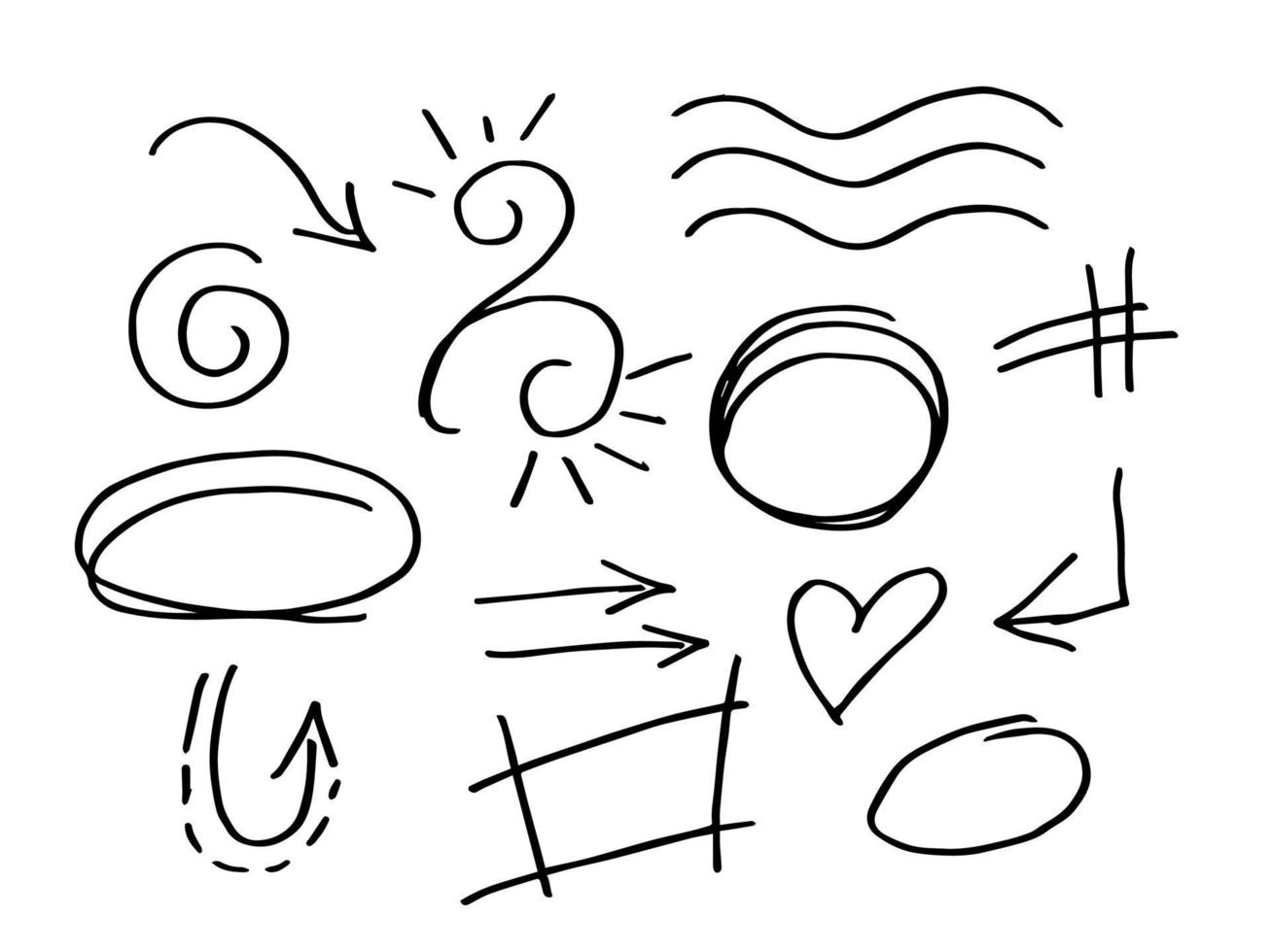 doodle ensemble d'éléments d'accentuation dessinés à la main, lignes de cercles, flèche, coeur d'amour. pour les éléments de conception, les étiquettes de notes vecteur