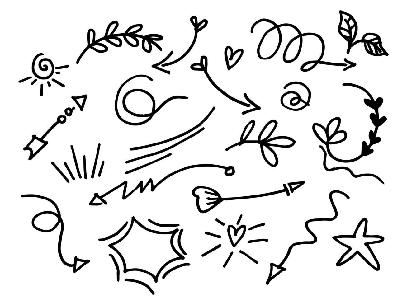 ensemble d'éléments de conception de doodle. griffonnages d'accentuation, swishes bouclés, swoops, tourbillon, coeur, amour, couronne, fleur, feuille, étoile, feu d'artifice, flèche, tex en surbrillance. pour la conception conceptuelle vecteur