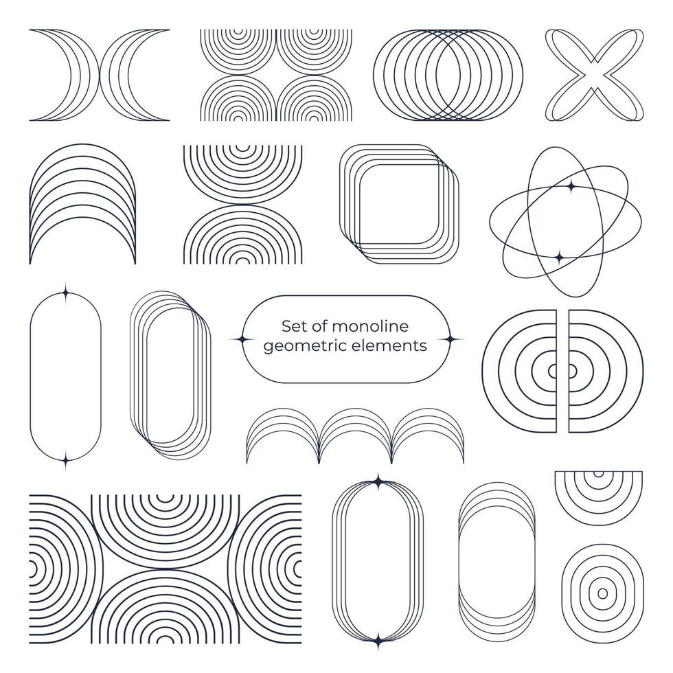 ensemble d'éléments géométriques monolignes. lignes fines abstraites minimalistes. pour les publications et les histoires sur les réseaux sociaux. arc, arc, rond, ellipse et carré. esthétique bohème. vecteur