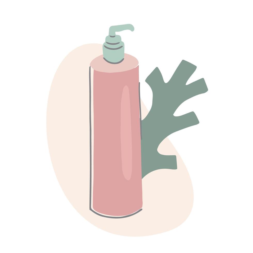 bouteille cosmétique avec fond floral abstrait. modèle d'emballage de produit de soin de la peau. illustration vectorielle dessinée à la main dans un style de dessin animé simple vecteur