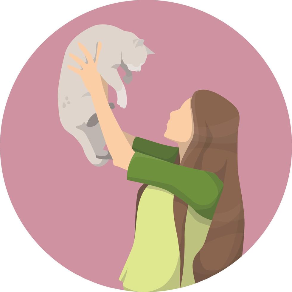 une fille aux cheveux longs joue avec un chat gris. la femme a soulevé le chat dans ses bras. propriétaire d'animal domestique. illustration de vecteur plat isolé sur fond blanc.