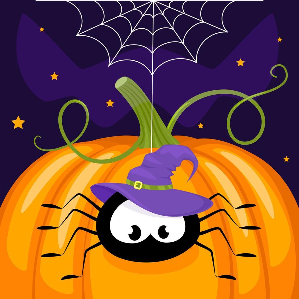 une araignée dans un chapeau de sorcière descend d'une toile d'araignée sur une citrouille orange. notion d'Halloween. illustration vectorielle. vecteur