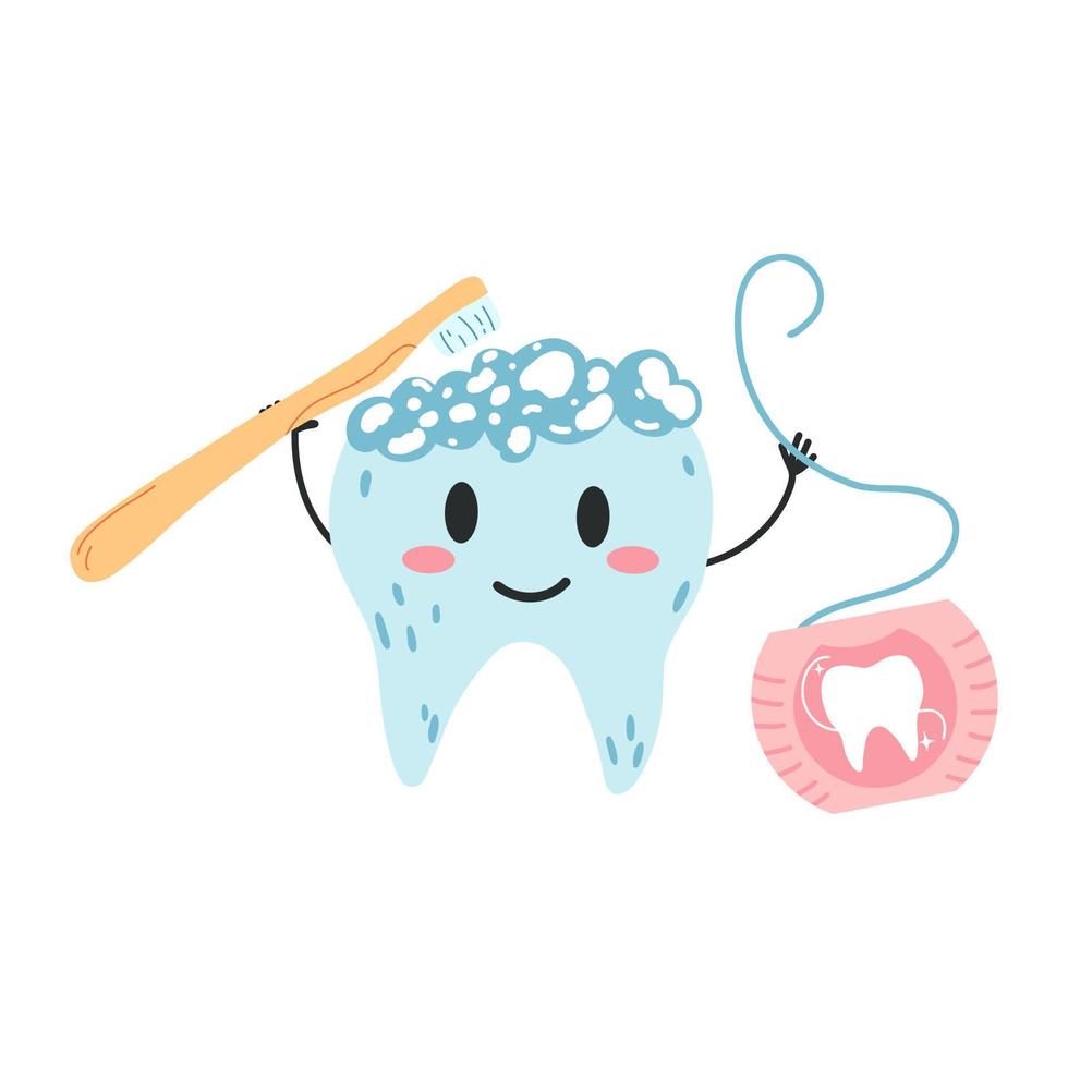 personnage de dent kawaii dessiné à la main avec brosse à dents et fil dentaire dans un style plat de dessin animé. illustration vectorielle du processus de nettoyage des dents, concept de soins dentaires, hygiène buccale vecteur