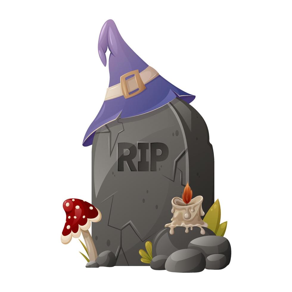 une pierre tombale avec le texte rip, un chapeau de sorcellerie, une tue-mouche et une bougie allumée. la mémoire des morts. illustration de vecteur de dessin animé pour halloween.